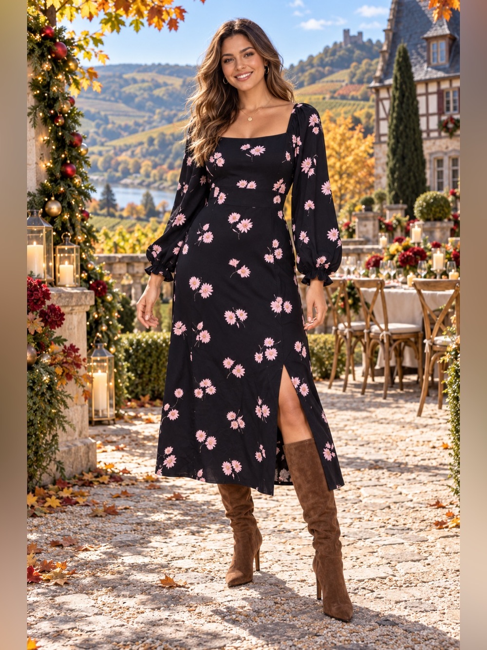 Chic Black Floral Long Sleeve Dress